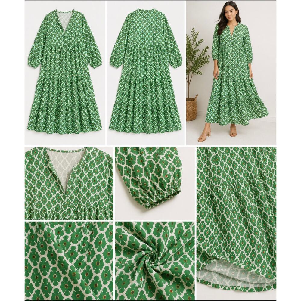 2X Green Geometric Maxi Dress Bubble Sleeve Tiered Boho Plus Size - Picture 4 of 12